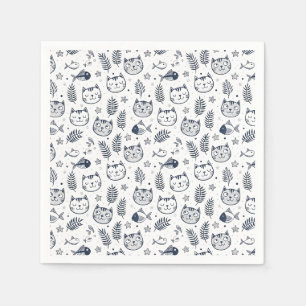 Serviette En Papier Visage de Chat Minimaliste & Art de Motif de Feuil