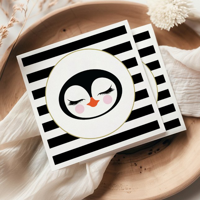 Serviette En Papier Visage de manchot mignon Fête rayée noir et blanc (Créateur téléchargé)