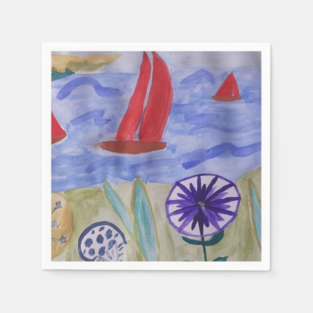 Serviette En Papier Voiles et fleurs rouges (Devant)