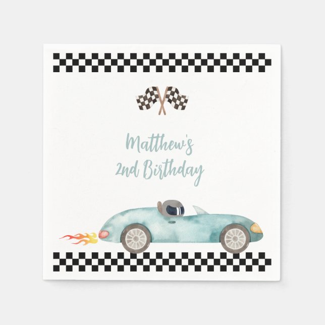 Serviette En Papier Voiture de course bleue moderne Anniversaire (Devant)