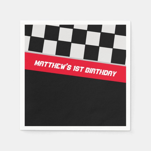 Serviette En Papier Voiture de course Noir et Rouge Premier anniversai (Devant)