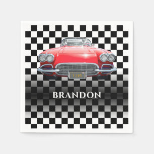 Serviette En Papier Voiture de sport rouge, nom blanc, damier N/B