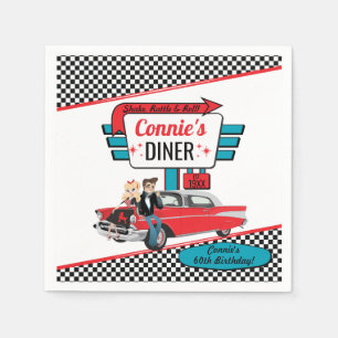 Serviette En Papier Voiture Retro Diner Vintag 1950 - Turquoise, Anniv