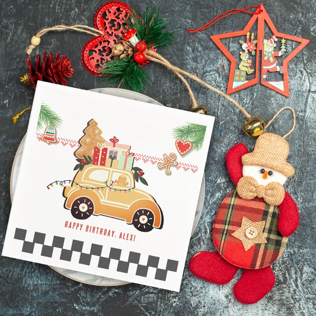 Serviette En Papier Voitures Rapides Gâteau d'Épices de Noël Anniversa (Fast Cars and Sweet Birthday Rides Festive Gingerbread Car Christmas Napkins)