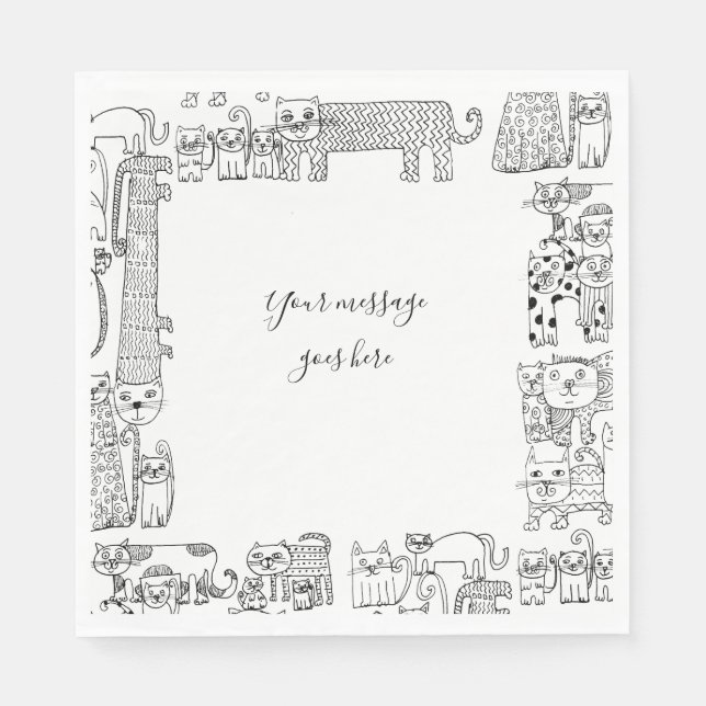Serviette En Papier Votre message Chats Illustrations en noir et blanc (Devant)