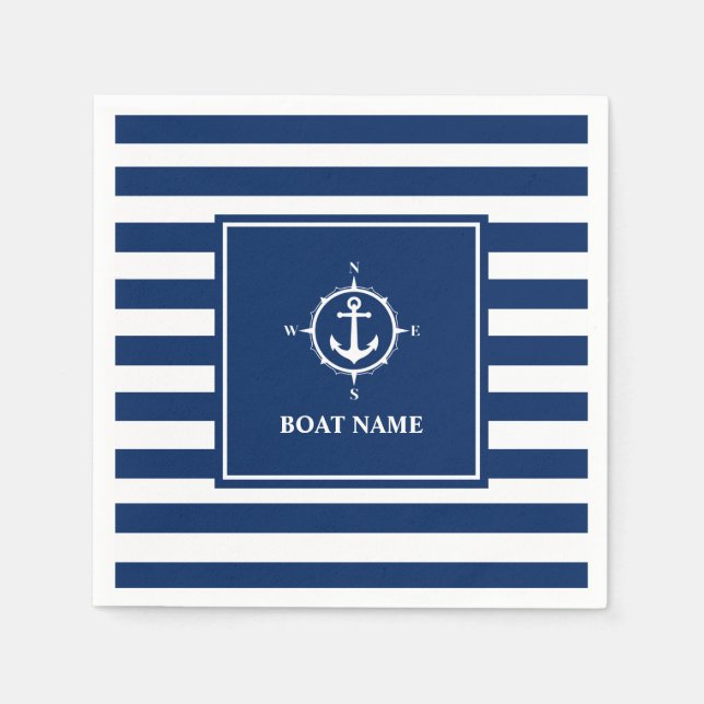 Serviette En Papier Votre nom de bateau Compass Ancre Blue Stripes (Devant)