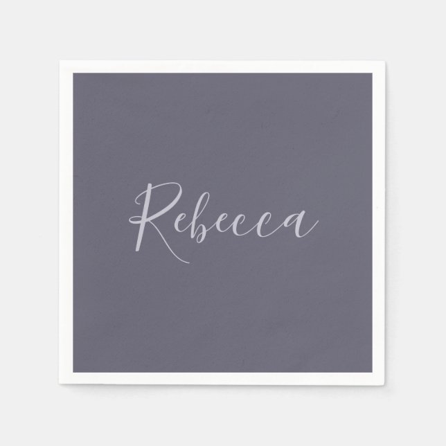 Serviette En Papier Votre nom | Élégant script de lavande sur le viole (Devant)