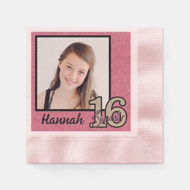 Serviette En Papier Votre nom et photo Sweet 16 avec Parties scintilla (Devant)