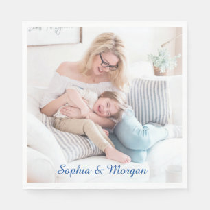 Serviette En Papier Votre photo et nom(s) en Script bleu