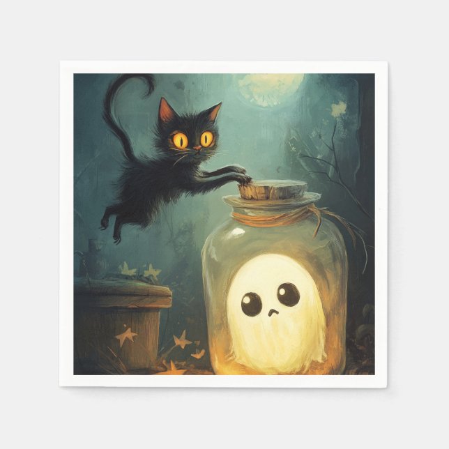Serviette En Papier Vous avez - Chat d'Halloween et fantôme (Devant)