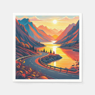 Serviette En Papier Voyage pittoresque sur une route sinueuse, coucher