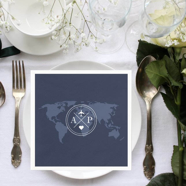 Serviette En Papier Voyage Thématique Destination Mariage Marine Bleu (Travel themed wedding napkins)