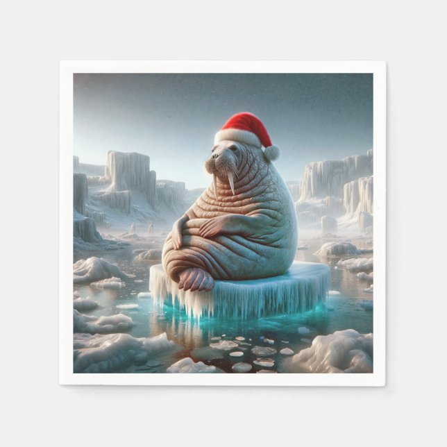 Serviette En Papier Walrus porte un chapeau de Père Noël (Devant)