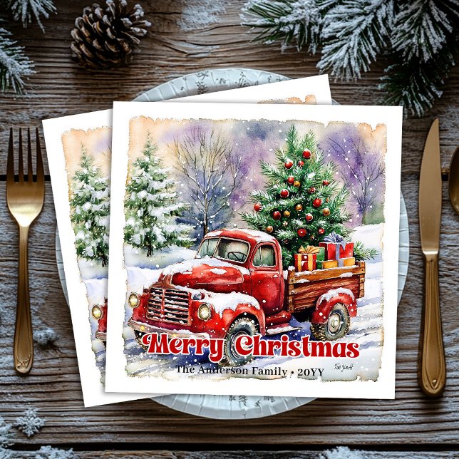 Serviette En Papier Warm red truck Christmas scene rustic paper napkin (Warm red truck Christmas scene rustic paper napkin)