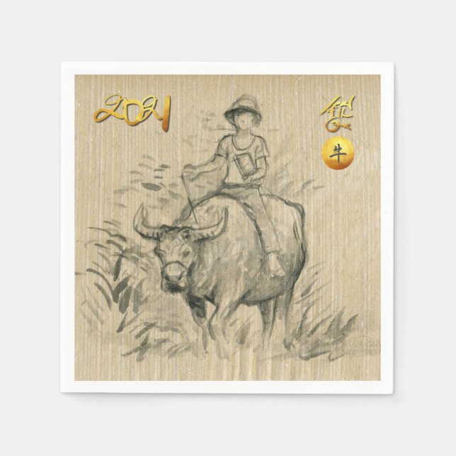Serviette En Papier Water Buffalo Kid Chinese Ox Année 2021 PN (Devant)