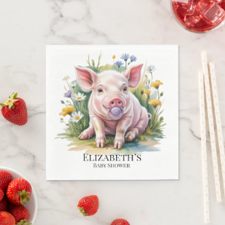 Serviette En Papier Watercolor Baby Pig Wildflowers Baby Shower