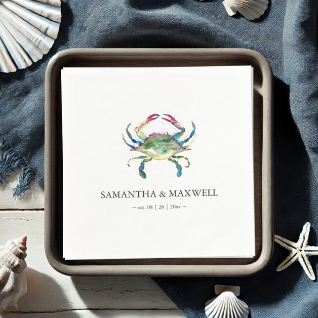 Serviette En Papier Watercolor Blue Crab Beach Wedding Personnalisé (beach wedding personalized napkins feature watercolor blue crab art by Victoria Grigaliunas)