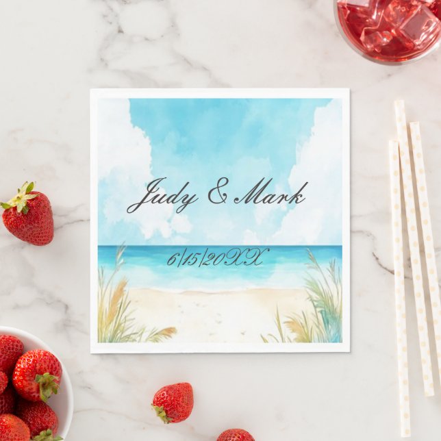 Serviette En Papier Watercolor Blue Ocean Beach Wedding (En situation)