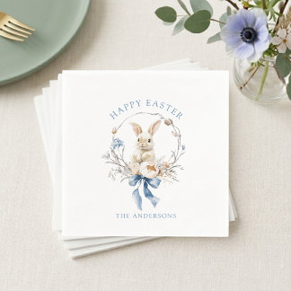 Serviette En Papier Watercolor Bunny Flowers Blue Bow Spring Easter
