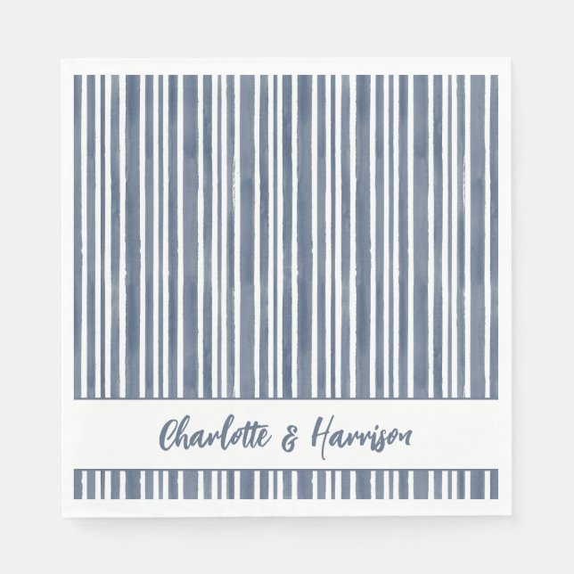 Serviette En Papier Watercolor Coastal Seascape Blue Striped Wedding  (Devant)