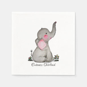 Serviette En Papier Watercolor Cute Baby Elephant With Blush & Flowers