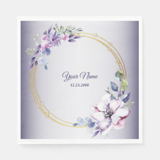 Serviette En Papier Watercolor Floral Geometric Golden Purple Wedding