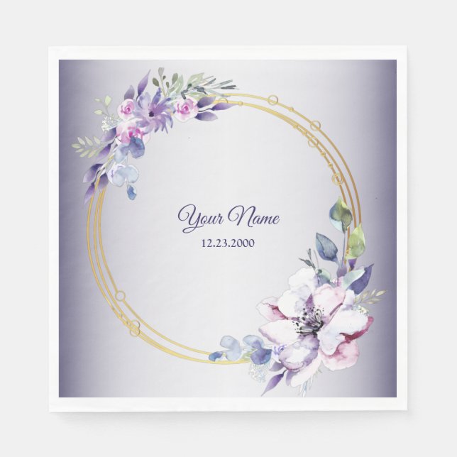 Serviette En Papier Watercolor Floral Geometric Golden Purple Wedding (Devant)
