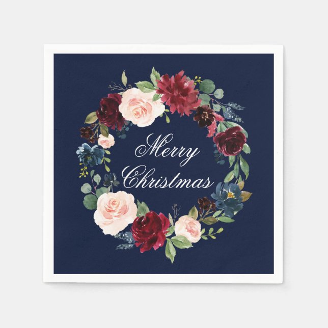 Serviette En Papier Watercolor Floral Wreath Joyeux Noël bleu (Devant)