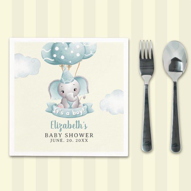 Serviette En Papier Watercolor Gray Elephant Baby shower Boy (Créateur téléchargé)