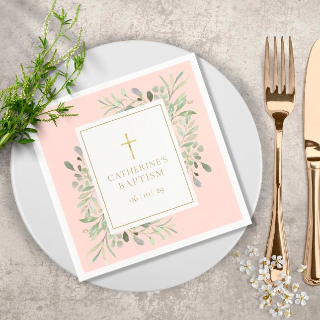 Serviette En Papier Watercolor Greenery Baptism Christening Blush Pink (Créateur téléchargé)