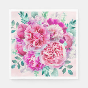Serviette En Papier Watercolor Lush Pink Peonies & Green Teal Leaves