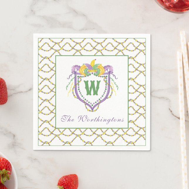 Serviette En Papier Watercolor Mardi Gras Monogram Crest (Créateur téléchargé)