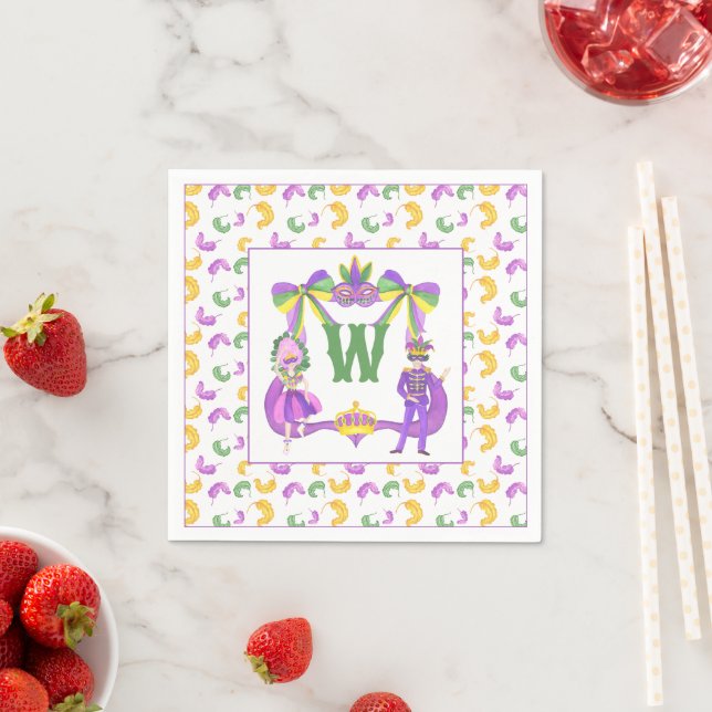 Serviette En Papier Watercolor Mardi Gras Monogram Crest (En situation)