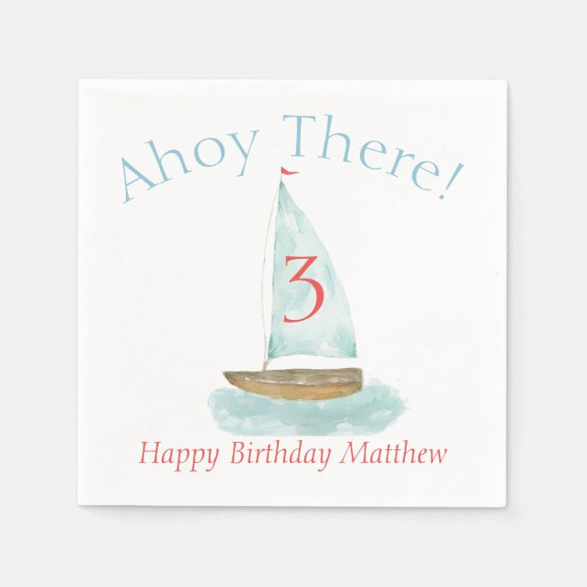 Serviette En Papier Watercolor Nautical Sailboat Birthday  (Devant)