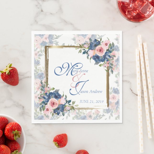 Serviette En Papier Watercolor Navy & Blush Mariage (En situation)