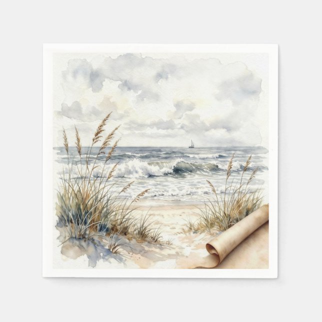 Serviette En Papier Watercolor Ocean Beach with Curled Paper (Devant)