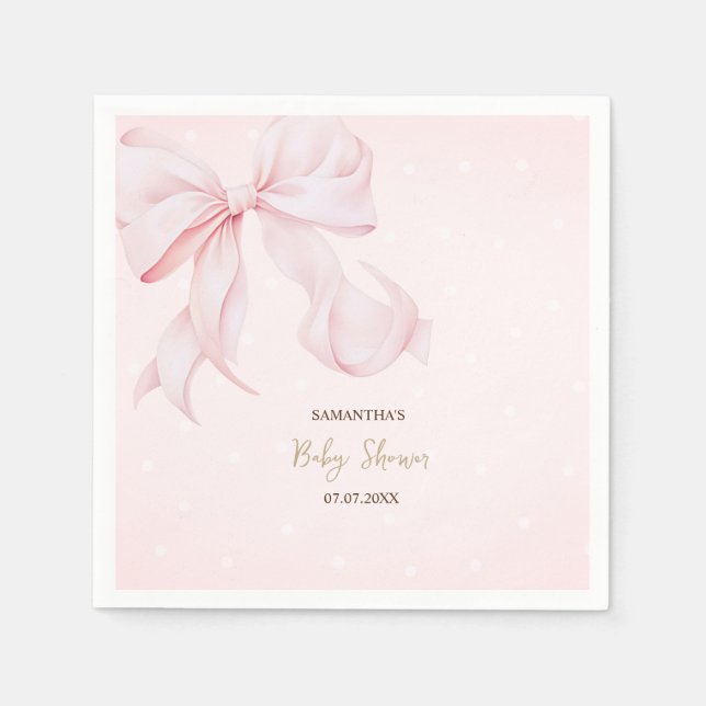 Serviette En Papier Watercolor Pink Bow Pink Dots Baby Shower  (Devant)