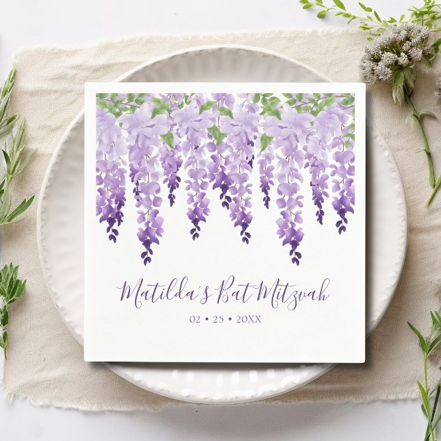 Serviette En Papier Watercolor Purple Wisteria | BAT MITZVAH (Créateur téléchargé)