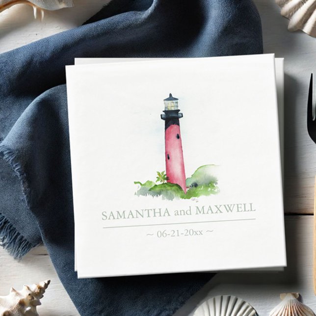 Serviette En Papier Watercolor Red Lighthouse Beach Wedding (Jupiter lighthouse personalized napkins watercolor art by Victoria Grigaliunas of Do Tell A Belle)
