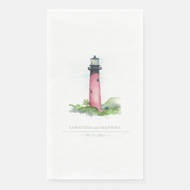 Serviette En Papier Watercolor Red Lighthouse Beach Wedding (Devant)