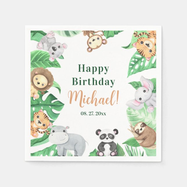Serviette En Papier Watercolor Safari Jungle Animals Happy Birthday (Devant)