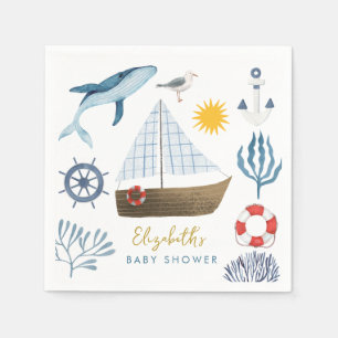 Serviette En Papier Watercolor Sea Ship, Baby shower marin de baleine