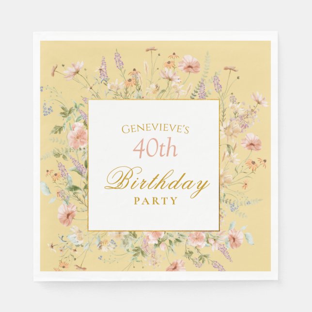 Serviette En Papier Watercolor Wildflowers 40th Yellow Birthday (Devant)