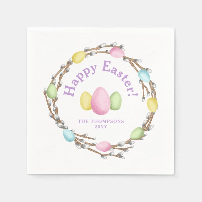 Serviette En Papier Watercolor Willow Wreath Pastel Happy Easter (Devant)