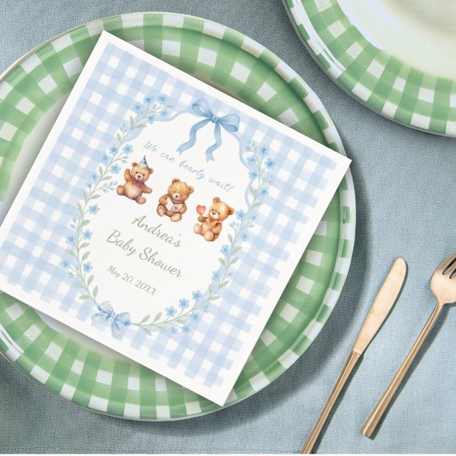 Serviette En Papier We Can Bearly Wait Blue Gingham Baby Shower  (Créateur téléchargé)