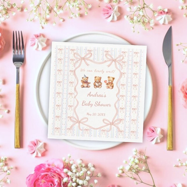 Serviette En Papier We Can Bearly Wait Pink Lace Ribbon Baby Shower  (Créateur téléchargé)