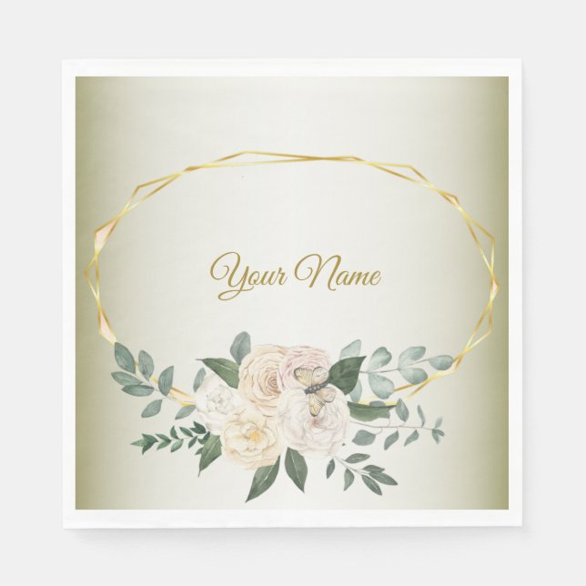 Serviette En Papier Wedding Greenery Leaves Pink Floral Gold Geometric (Devant)