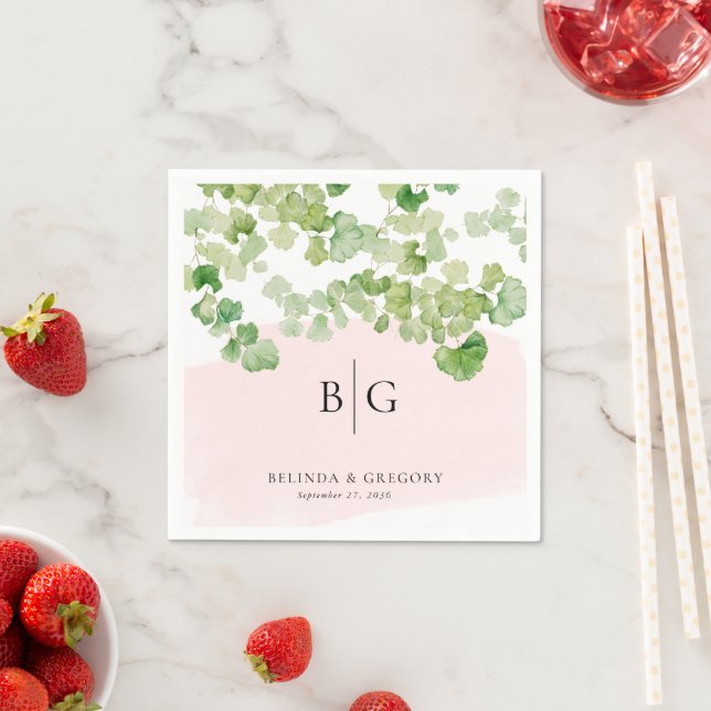 Serviette En Papier Wedding Monogram Watercolor Greenery Blush Pink (En situation)
