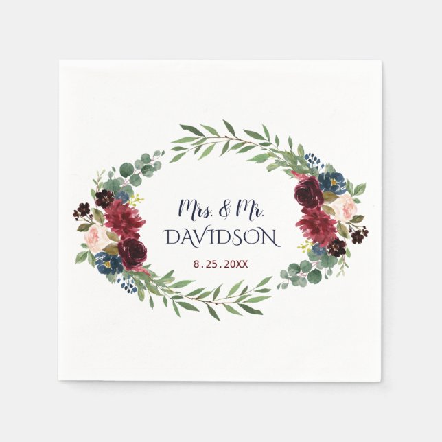 Serviette En Papier Wedding planner à fleurs florales bleu de la marin (Devant)