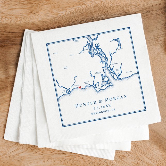 Serviette En Papier Westbrook CT Map Élégant Mariage bleu marine (Westbrook CT Map Wedding Napkins for a Waters Edge Resort destination wedding in navy blue)